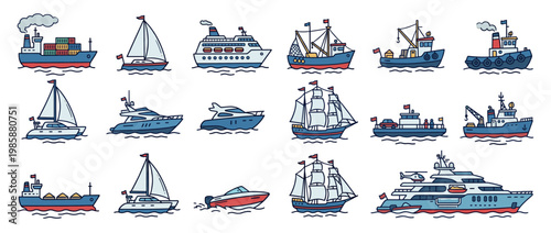 Cartoon boats and ships collection featuring various marine vessels like yachts, sailboats, and cargo ships in a hand-drawn style.