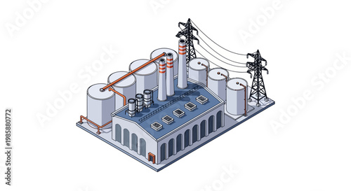 Industrial factory complex with towering silos, electrical transmission towers, and complex infrastructure, representing manufacturing and energy production