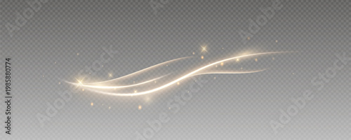 Fire trail wave, bright glow speed curve line. Glowing gold and white light stream, vector, png. Light curve line swirl effect.	

