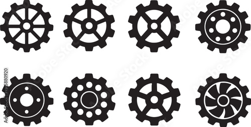 Set of eight different black gear and cog icons isolated on white background, vector illustration