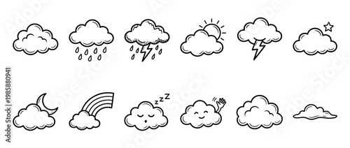 Hand drawn doodle cloud icons representing various weather conditions and sky elements in a cute cartoon style.