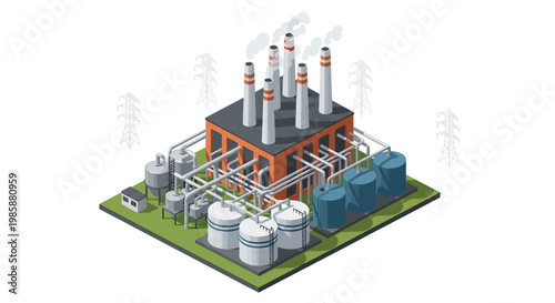 Isometric view of an industrial factory with multiple smokestacks and storage tanks, representing manufacturing and production processes