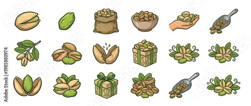 Pistachios nuts vector illustration set depicting various forms like shelled, unshelled, in a bowl, sack, and gift box, perfect for food and healthy snack concepts.