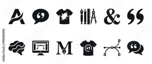 Collection of graphic design and typography icons representing creativity, digital art, and professional tools for designers.