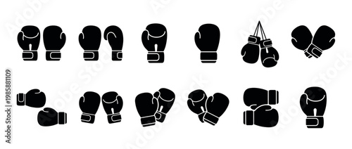 Boxing gloves icon set featuring various black silhouette designs for sports, fitness, and combat themes.
