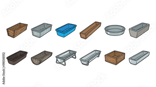 Collection of various garden planters, animal feeding troughs, and storage containers in different materials and shapes.