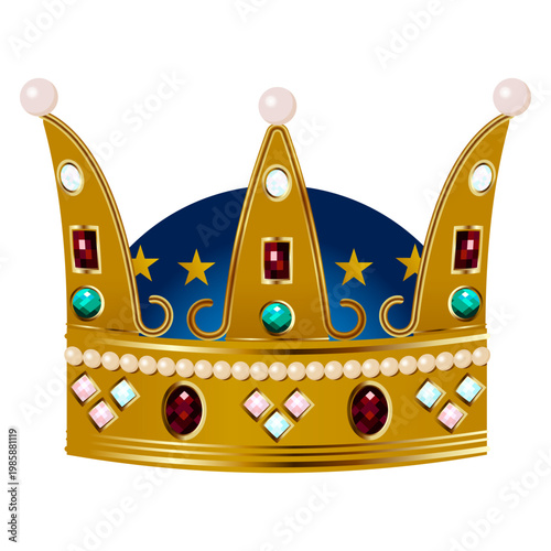 golden crown with pearls and precious stones with a blue top. the symbol of royal power is drawn in a realistic style,  isolated on a white background. stock vector illustration. EPS 10.