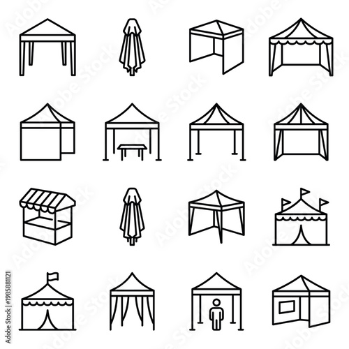 Tent canopy market stall umbrella icons set in outline style for various outdoor events and temporary structures.