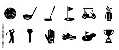 Golf icons collection, equipment, and elements for the sport, including balls, clubs, carts, and trophies, representing various aspects of the game.