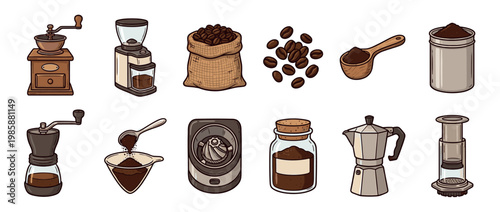 Coffee grinders, beans, and brewing equipment collection featuring various tools for preparing fresh coffee, from whole beans to ground powder and different types of makers.