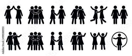 Female stick figures illustrating various interactions of friendship, support, and community among women.
