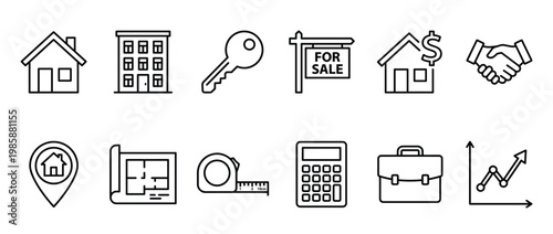 Real estate icons set featuring various symbols for property, housing, sales, finance, and construction in a modern line art style.