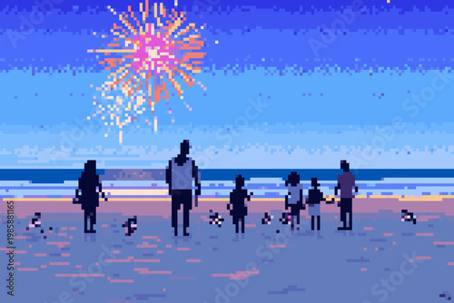 Pixelated Beach Scene: People Watching Fireworks at Sunset