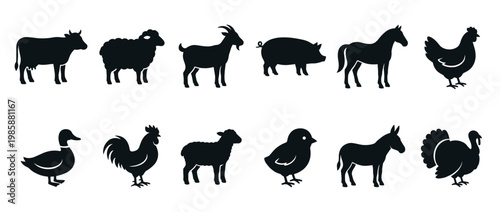 Farm animal silhouettes vector illustration set featuring various livestock and poultry, perfect for agricultural and rural themes.