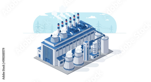 Isometric illustration of a modern industrial factory or power plant complex with cooling towers and smoke stacks, depicting energy production infrastructure