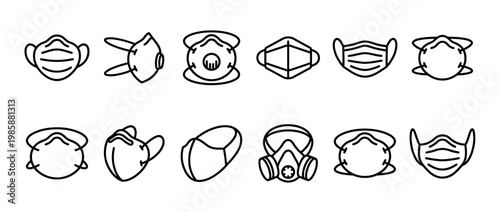 Protective masks vector icons set illustrating various types of respiratory protection for health and safety against airborne particles.