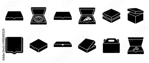 Pizza boxes and food delivery packaging icons set, illustrating various shapes and states for takeout and fast food concepts.