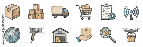 Logistics delivery shipping e-commerce icons representing global supply chain management, warehouse operations, package tracking, and modern distribution services.