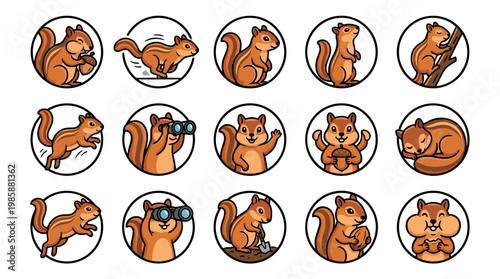 Cute chipmunk characters performing various activities like eating, running, digging, and observing in a playful cartoon style.