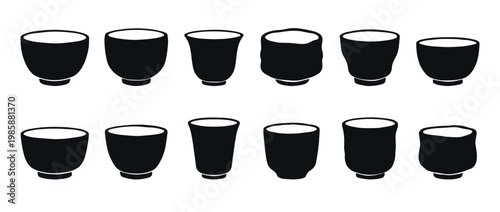 Set of diverse Asian ceramic tea cups and bowls, featuring different traditional styles for drinkware illustrations.