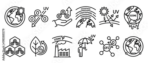 Ozone layer protection and depletion icons set illustrating environmental concerns, atmospheric science, and global warming effects.