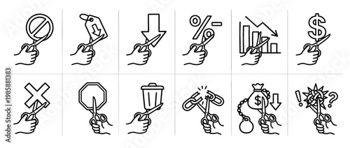 Hand with scissors cutting various symbols representing concepts of reduction, cost-cutting, problem-solving, and elimination in a modern icon set.