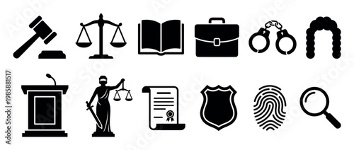 Law justice crime legal icons symbols set representing various aspects of the judicial system, investigation, and legal profession.