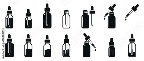 Dropper bottles and pipettes icon set for cosmetic and medical liquids, featuring various designs and liquid levels.