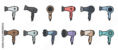 Hair dryers collection in a colorful cartoon style, featuring various models and diffusers for hair styling.