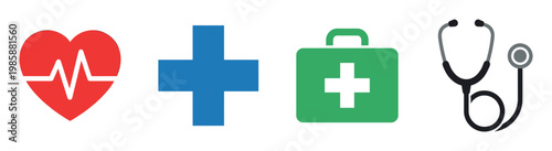 Medical icons and healthcare symbols representing health, first aid, and emergency services for various applications.