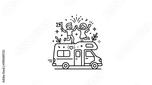 Happy Couple Celebrating on a Campervan