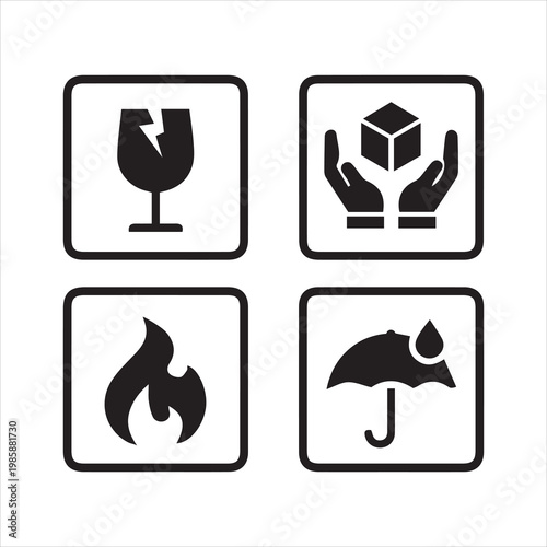 Packing symbol set. Fragile, handle with care, flammable, upward, keep dry simple signs - stock vector.