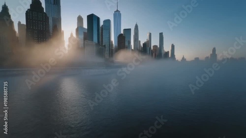 Cinematic FPV drone flying low above river surface toward New York City skyline,