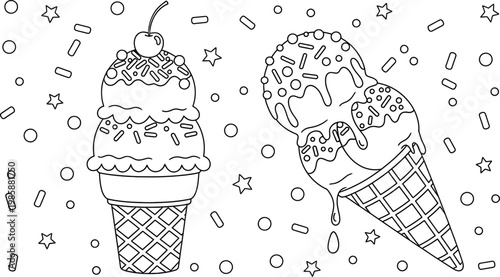 Hand drawn ice cream cones with sprinkles and stars