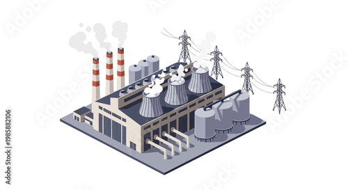 Power plant industrial complex with cooling towers and chimneys emitting steam, representing energy generation and manufacturing processes in a stylized isometric illustration