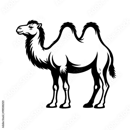 Standing camel with two humps on its back in black and white