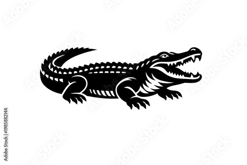 A black and white illustration of an alligator with its mouth open, showcasing sharp teeth and claws, in a dynamic pose.