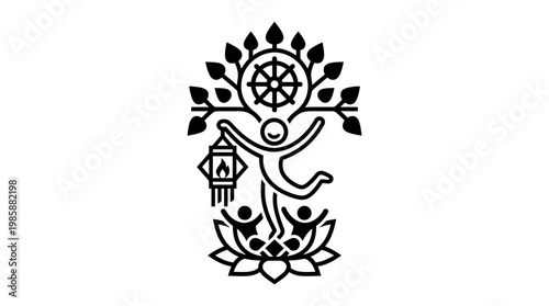 Buddhist Inspired Symbol Featuring Dharma Wheel and People