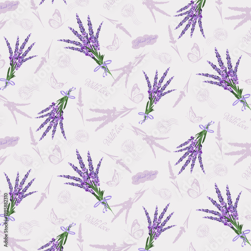 Bouquets of lavender on a white background with text.Vector seamless pattern with lavender bouquets and text on a light background.