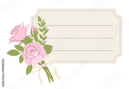 Floral wedding place card with rose bouquet and bow vector illustration
