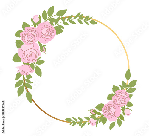 Floral gold wreath frame with pink roses bouquets vector illustration
