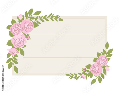Floral wedding place card with pink roses in corners vector illustration