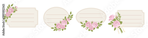 Floral gift tags vector set with pink roses and blank frames. Elegant botanical labels for wedding favors and scrapbooking.