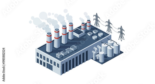 Industrial power plant with chimneys emitting smoke and cooling towers, electric power lines, symbolizing energy production and heavy industry