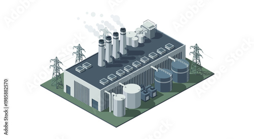 Industrial Power Plant with Cooling Towers and Transmission Lines Illustration - Modern Energy Generation Facility Concept