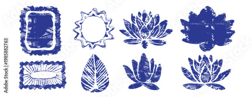 Blue lotus flowers and decorative sun frames in cobalt blockprint style. Zen floral elements and hand-drawn borders for yoga, meditation, and Mediterranean designs. Isolated on white background