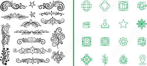 Collection of decorative floral flourishes and modern linear UI icons vector illustration