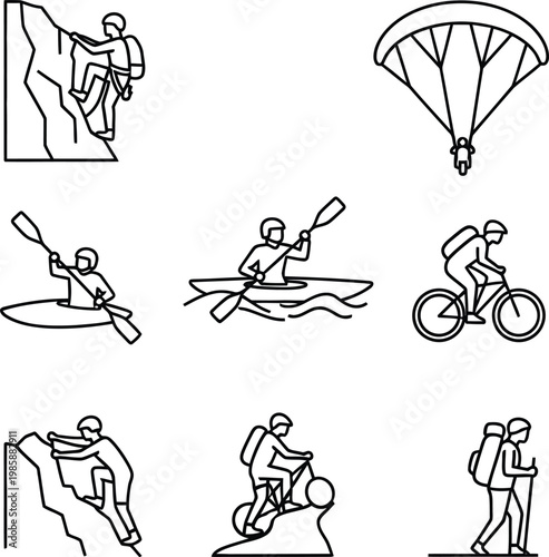 Collection of outdoor adventure sports and recreational activities line art