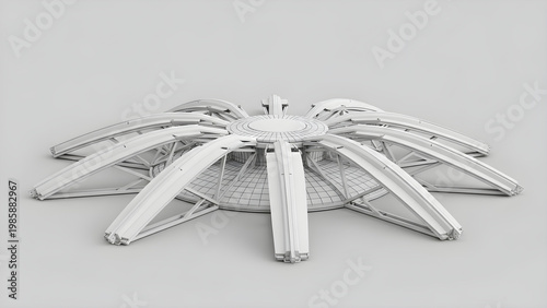 A futuristic metal structure with multiple curved beams and a central hub sits on a plain surface in an industrial setting.