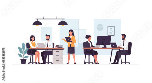 A modern office scene featuring diverse professionals collaborating, using laptops, and working at desks in a clean, minimalist illustration style.